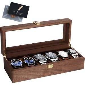 Kal-Boîte À Montre À 6 Emplacements,Coffret À Montres En Bois,Écrin À Montres Avec Lucarne En Verre,Doublure Douce,Coussinets Amovibles,Serrure En Métal,Rangement Montre Pour Hommes Et Femmes - Neuf