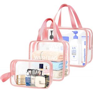 KALANKA-ZIOISNM Trousse de Toilette Femme en PVC Étanche, 3PCS Trousse de Toilette Voyage Transparente, Trousse Maquillage Légère pour Valise Avion et Plage Accessoires (Rose) - Neuf