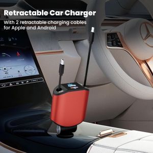Chargeur De Voiture R&eacute;tractable,Charge Allume Cigare Usb C 4 En 1,12v/24v Compatible Avec Galaxy S25/S24/S23/Ultra Iphone 16/15/14/13/12/Ipad Pro/Air - Rouge - Neuf
