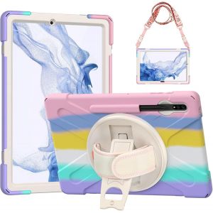 Coque Antichoc Pour Samsung Galaxy Tab S9 Fe+ Plus 2023/S9+ Plus/S8 Plus 2022/S7 Plus/S7 Fe 12.4"", &Eacute;tui Armure Robuste Avec Support Rotatif, Dragonne Et Bandouli&egrave;re, Porte-Stylet, Rose Color&eacute; - Neuf