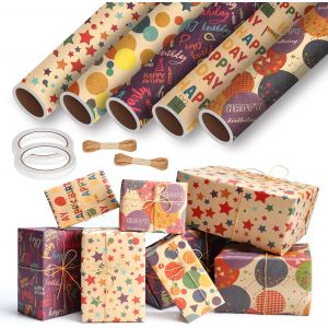 Mevronisshop-5 Rouleaux Papier Cadeau Anniversaire Enfants Kraft (43cm X 300cm) Avec Corde Naturelle & Ruban Double Face, Emballage Cadeaux Pour F&ecirc;tes D'enfants - Neuf