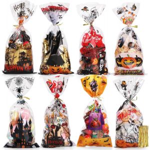 100 Pièces Sachet Bonbons, 8 Modèles Sacs Cadeaux Transparents De Halloween Sacs D'emballage En Plastique Avec 120 Attaches Torsadées Pour Fournitures De Fête Pour Enfants - 27 X 12,5 Cm - Neuf