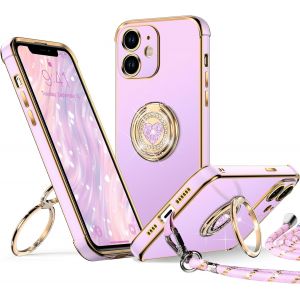 Maa-Coque Pour Iphone 12, Avec Double Anneau De Support C?Ur, Avec Lanière Pour Filles Et Femmes, Coque De Protection De Luxe Mignonne Et Scintillante Pour Iphone 12, Violet - Neuf