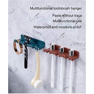 Lot de 2 porte-brosses &agrave; dents adh&eacute;sifs muraux &agrave; 3 rainures, bleu fonc&eacute; et marron, sans couture, r&eacute;utilisables, sans per&ccedil;age, pour la maison, le bureau, la salle de bain, le salon - Neuf