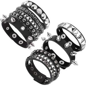 Kal-Lot De 6 Bracelets En Cuir Noir Punk Rock, Bracelets Gothiques Des Années 80 À Pointes Cloutées, Style Punk Rock Vintage Pour Homme Et Femme, Accessoires Steampunk Des Années 80 - Neuf