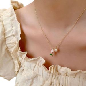 Kal-Collier Pendentif Fleur De Tulipe Collier Pendentif Perle Ronde Vintage Collier Fleur De Tulipe Rose Collier Cha&icirc;ne Perle Minimaliste Bijoux Pour Femmes Et Filles Cadeaux - Neuf