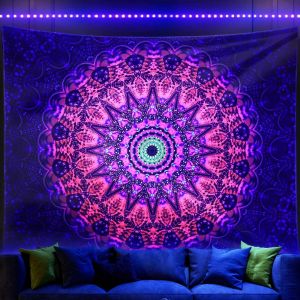 Tapisserie Murale Mandala Boh&egrave;me Phosphorescente &Agrave; Effet Lumi&egrave;re Noire Pour Chambre &Agrave; Coucher, 152 X 203 Cm - Neuf