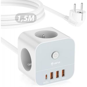 Multiprise &Eacute;lectrique avec USB C (Charge Rapide PD 20 W), Cube Prise Multiple avec Interrupteur (3680 W/16 A), 3 Prises et 4 Ports USB, Rallonge &Eacute;lectrique 1,5m - Neuf