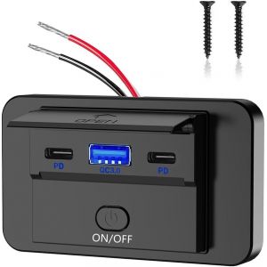 SJZG-Prise De Courant 12V Prise De Charge Chargeur De Voiture L&eacute;ger Double 36W Pd3.0 Usb C & 18W Qc3.0 Port, T&eacute;l&eacute;phone Portable Charge Rapide &Eacute;tanche Avec Interrupteur &Agrave; Bouton (Double Usb C+1Usb A) - Neuf