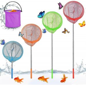 Ensemble de filets à papillons télescopiques pour enfants - Lot de 4 filets anti-insectes avec 1 seau pour la pêche en plein air, la piscine, le jardin et la natation - Neuf