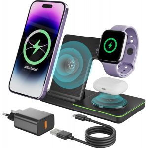 Sjzg-Pliable Chargeur Induction Stand, Chargeur Sans Fil 3 En 1 Magnétique, Smartphones Avec Prise En Charge De Recharge Sans Fil - Neuf