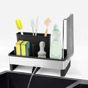 Porte Eponge Evier Cuisine, Rangement Et Organisation De Cuisine Evier, Organisateur De Évier Autovidangeable En Acier Inoxydable, Porte Éponge Évier Amovible Avec Porte-Serviette (Noir) - Neuf