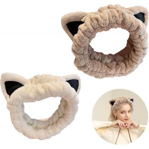 2 Pcs Bandeau De Lavage &Eacute;lastique Oreilles De Chat Bandeau De Maquillage Absorbant Bandeau Cheveux Femme Maquillage Mignon Polaire Corail Bandeau Demaquillage Visage Pour Spa Douche Soin Peau Visage - Neuf