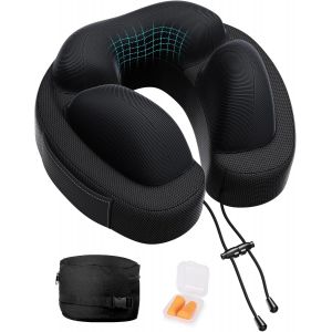 Trahoo-Oreiller De Voyage, Oreiller Cervical Portable En Mousse À Mémoire De Forme Pour Avions, Voitures, Trains, Tissu Respirant Et Léger Pour Le Cou Avec Sac De Transport, Bouchons D'oreilles-Noir - Neuf