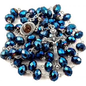 Kal-Store Chapelet De Perles De Cristal Bleu Profond, Collier De Prière Catholique, Médaille Du Sol Saint De Jérusalem, Croix De Terre Sainte, Chapelets Religieux Antiques, Collection De Perles - Neuf