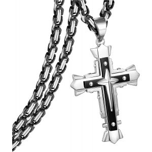 Trahoo-Collier Croix Chretienne Homme En Acier Inoxydable Byzantine Collier Pendentif Croix Homme Croix Collier Homme Acier Inoxydable Chaine Homme Noir Or 56/61/71cm - Neuf