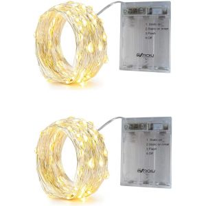TRAHOO-Guirlande Lumineuse &agrave; Pile Fil d'argent avec minuterie,3 Mode id&eacute;al pour les f&ecirc;tes de No&euml;l, le mariage, la f&ecirc;te, et le d&eacute;cor de votre chambre et jardin (Blanc Chaud, 2 Pack 5 M&egrave;tres) - Neuf