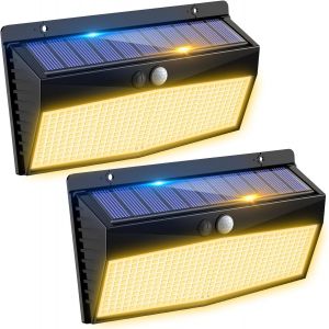 368led Lampe Solaire Exterieur Detecteur De Mouvement, 3 Modes Lumiere Solaire, &Eacute;tanche Eclairage Solaire Pour Mural Jardin Outdoor Garage Cour [Blanc Chaud Lot De 2] - Neuf