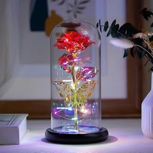 Amour éternel Fleur Verre Dôme Rose Brillant Feuille d'Or Rose Noël Saint Valentin Cadeau Papillon Or Décoration Romantique Galaxy Dôme De Verre - Neuf
