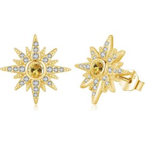 Chenquansarl-Boucles D'oreilles En Forme D'&eacute;toile Pour Fille En Argent Sterling 925 - Boucles D'oreilles En Or Avec Zircone Jaune - Bijou Pour Fille, Femme, Enfant, Petite Amie, 13mm, Argent Sterling - Neuf