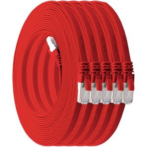 7,5 M - Rouge - Lot De 5 Câbles Réseau Plats Cat7 Câble Brut Cat 7 Câble Ruban Gigabit Lan (10 Gbit/S) Câble D'Installation Câble Patch Plat Mince Fiche Rj 45 Cat6A[CAB9165732] - Neuf
