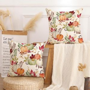 CAUC-Housses de Coussins 45x45 cm Taie D'oreiller Automne Feuilles de Citrouille Orange Vert Housse de Coussin D&eacute;corative Coussin de Canap&eacute; d'automne d'ext&eacute;rieur pour Chambre Salon Canap&eacute; Lot de 2 - Neuf