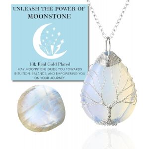 Eryi-Collier Bracelet En Pierre De Lune - Amour Lunaire - Fil Arbre De Vie Plaqué Platine/18 Carats Or Fait À La Main, Pendentifs En Forme De Lune/C?ur/Goutte D'eau En Cristal Naturel - Neuf