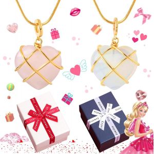 Kal-2 Collier De Quartz Rose, Collier En Diamant C?ur Pour Femmes Filles Avec Pierre Naturelle Bijoux Petit Cadeau Enveloppé Pendentif En Forme De C?ur Barbie Collier Château De Diamant Collier Coeur - Neuf