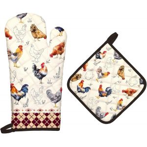 Gants De Four & Maniques Champ&ecirc;tre Rooster Lot De 2,100% Coton Maniques Cuisine Gant Four Anti Chaleur Extra-Longue Pour Barbecue,Cuisine,Griller,Micro-Ondes.[E13] - Neuf
