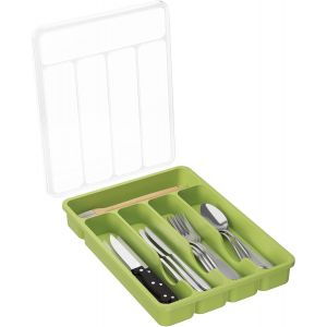 Sjzg-Range Couverts Pour Tiroir Avec Couvercle, Bo&icirc;te De Rangement Couverts De Cuisine, Organisateur De Couverts En Plastique, Pour Cuill&egrave;res Fourchettes, Couteaux, 5 Compartiments, Vert - Neuf