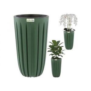 Pot De Fleurs Cache-Pot Bac &Agrave; Fleurs Avec Insert, Couleur Verte, Rond &Oslash; 29 Cm, H 50 Cm, Belles Rainures &Eacute;l&eacute;gantes Plastique Mat - Neuf