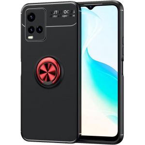 Compatible Avec Vivo Y33s Coque, 360 Degres Protection Bumper + Verre Trempé, Coque Avec Anneau Support Cover Skin Cases Housse Etui Protector-Noir Rouge - Neuf