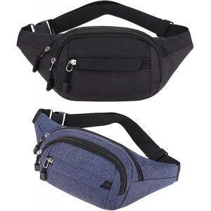 RFCBC-Lot de 2 sacs banane pour homme et femme avec bandoulière réglable, sac banane pour les courts voyages et les trajets quotidiens, étanche, avec 4 niveaux d'espace de rangement (noir + gris), - Neuf