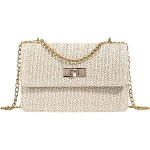 KALANKA-Sac a Main Femme en Paille d'Embrayage d'Été Élégant Bandoulière Clutch Tissée avec Chaîne Détachable pour Plage Fête Vacances - Neuf