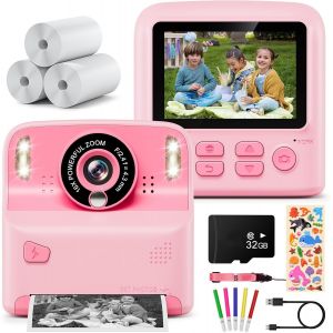 ChenQuanSarl-Appareil Photo Instantané Enfant, 2,4"" 1080P Appareil Photo Enfant Avec 32Gb Carte & Papier D'Impression, Stylos Colorés, Cadeau Pour Filles Garçons De 3-12 Ans(Rose) - Neuf