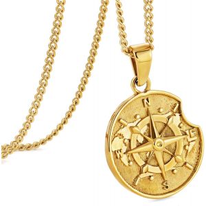 Trahoo-Collier Hommes, Collier Avec Pendentif Boussole Pour Hommes, Argent Or Pièce De Monnaie Plaquette Chaîne Pour Hommes Femmes, Collier En Acier Inoxydable Cadeau Pour Les Hommes Femmes - Neuf