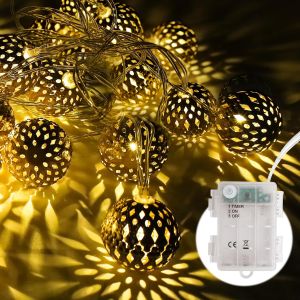 TRAHOO-Guirlande Lumineuse LED Exterieur Interieur 20 20 Sph&egrave;res M&eacute;talliques, 5M &Eacute;tanche IP44 avec Minuterie - Guirlande Lanternes &agrave; Piles pour Jardin, Mariage, Terrasse, F&ecirc;te - Neuf