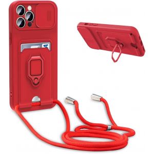 Ayu-Coque Avec Cordon Pour Iphone 15 Ultra,Collier Pour Étui Colliers De Cellulaire Réglable Corde Silicone Souple Case,Protection De La Caméra,Support,Porte Cartes - Rouge - Neuf