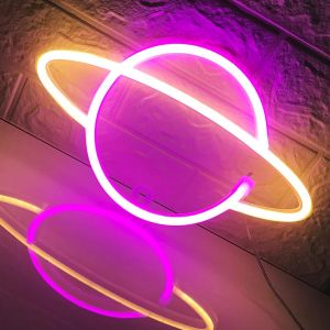 Planet neon sign - USB/Battery Driven LED sign chambre à coucher Neon Sign Wall Decor lumières anniversaire mariage Fête de Noël décoration de chambre, Rose + jaune - Neuf