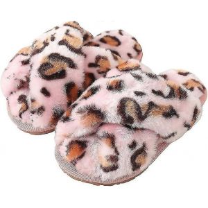 Pantoufles D'hiver En Peluche Pour Femmes, Pantoufles Chaudes Et Confortables, Pantoufles &Agrave; Bout Ouvert, Pantoufles Confortables Pour Femmes, Couleur : Rose L&eacute;opard, Taille 4 - Neuf