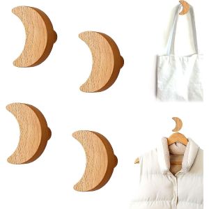 Lot de 4 crochets muraux en bois de hêtre naturel ¿ Élégants, faciles à installer et robustes, ils vous permettront de ranger vos vêtements à la maison. - Neuf