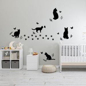 Trahoo-Noir Chat Stickers Muraux Papillon Silhouette Sticker Mural Vinyle Autocollant Animal Art Porte Décoratifs Diy Art Fenêtre Clings Ouverture De L'école - Neuf