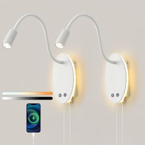 2pcs Applique Murale Led, Liseuse De Chevet Avec Interrupteur Et Port De Charge Usb, 4.5w Rotation À 360° Blanc Liseuses Murales, 2700k-5700k - Neuf