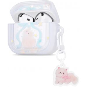 &Eacute;tui Compatible avec AirPods 4&egrave;me G&eacute;n&eacute;ration avec Pendentif, Housse en TPU Transparente avec Dessin de Chat Mignon pour Filles Femmes, Coque de Protection Antichoc Anti-Rayures Antid&eacute;rapant - Neuf