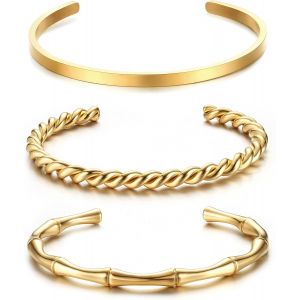 Eryi-3 Pièces Bracelet Jonc Femme Argent/Or Acier Inoxydable Simple Jonc Ouvert Ensemble Empilables Poli Twist Bracelet Jonc Manchette Largeur 4mm - Neuf