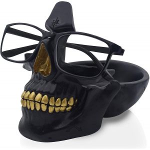 Porte-Lunettes tête de Mort,Porte-Lunettes Fantaisie avec Plateau de Rangement pour Table de Nuit,Sculpture tête de Mort en résine,Décor de Bureau pour la Maison Cadeau (Noir) - Neuf