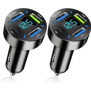 2 Pcs 4 Ports Allume Cigare Usb C, 66W Avec Charge Rapide Super Et Pd, Chargeur Rapide De Voiture Avec Voltm&egrave;tre Led Pour Plusieurs Mod&egrave;les 'Appareils - Neuf