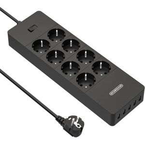 Multiprise Electrique Noire 8 Prises avec 5 Ports USB, Bloc Multiprise Parafoudre 1700Joule, C&acirc;ble de 1.5 M&egrave;tre, Prot&eacute;g&eacute; Contre Les Surcharges 4000W, Interrupteur et Indicateur pour Bureau - Neuf