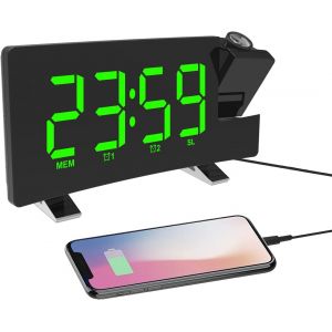 R&eacute;veil &agrave; Projection &Eacute;cran LED 4 R&eacute;veil Radio Num&eacute;rique &agrave; Luminosit&eacute; R&eacute;glable avec Chargeur T&eacute;l&eacute;phone USB R&eacute;veil avec 2 Fonctions R&eacute;p&eacute;tition d'alarme Vert - Neuf