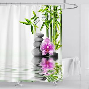 (Blanc + Vert, 180 X 200 Cm) Rideau De Douche Résistant À La Moisissure - Rideau De Douche Imprimé Zen - Tissu Polyester Imperméable - Orchidée 3d - Rideau De Douche En Bambou - Lavable En Machine - Neuf